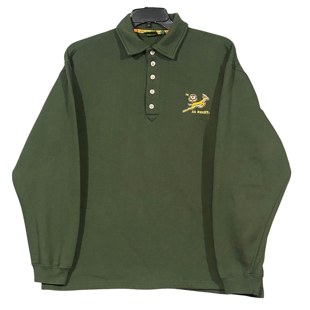 SA Rugby Springboks Green Long Sleeve Polo Sweatshirt Mens Medium Embroidered